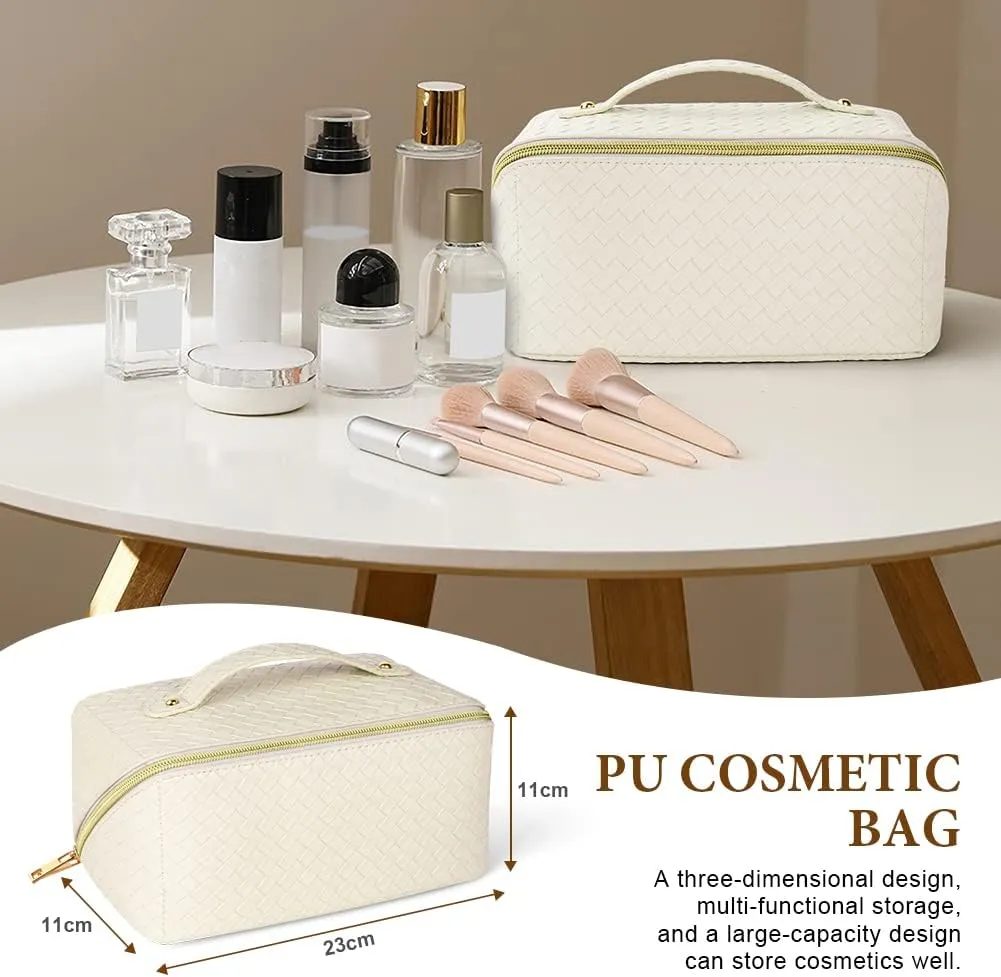 Premium PU Cosmetic Bag Travel Bag, Large Capacity Layered Cosmetic Bag Zipper Bag, Portable Travel Organizer Multifunctional Waterproof Bag, Easy to Carry (Woven White)