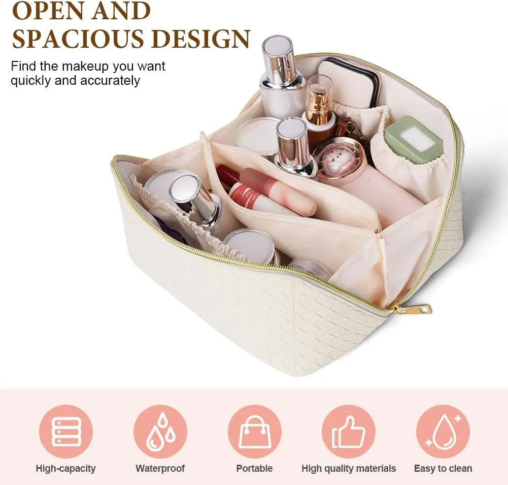 Premium PU Cosmetic Bag Travel Bag, Large Capacity Layered Cosmetic Bag Zipper Bag, Portable Travel Organizer Multifunctional Waterproof Bag, Easy to Carry (Woven White)