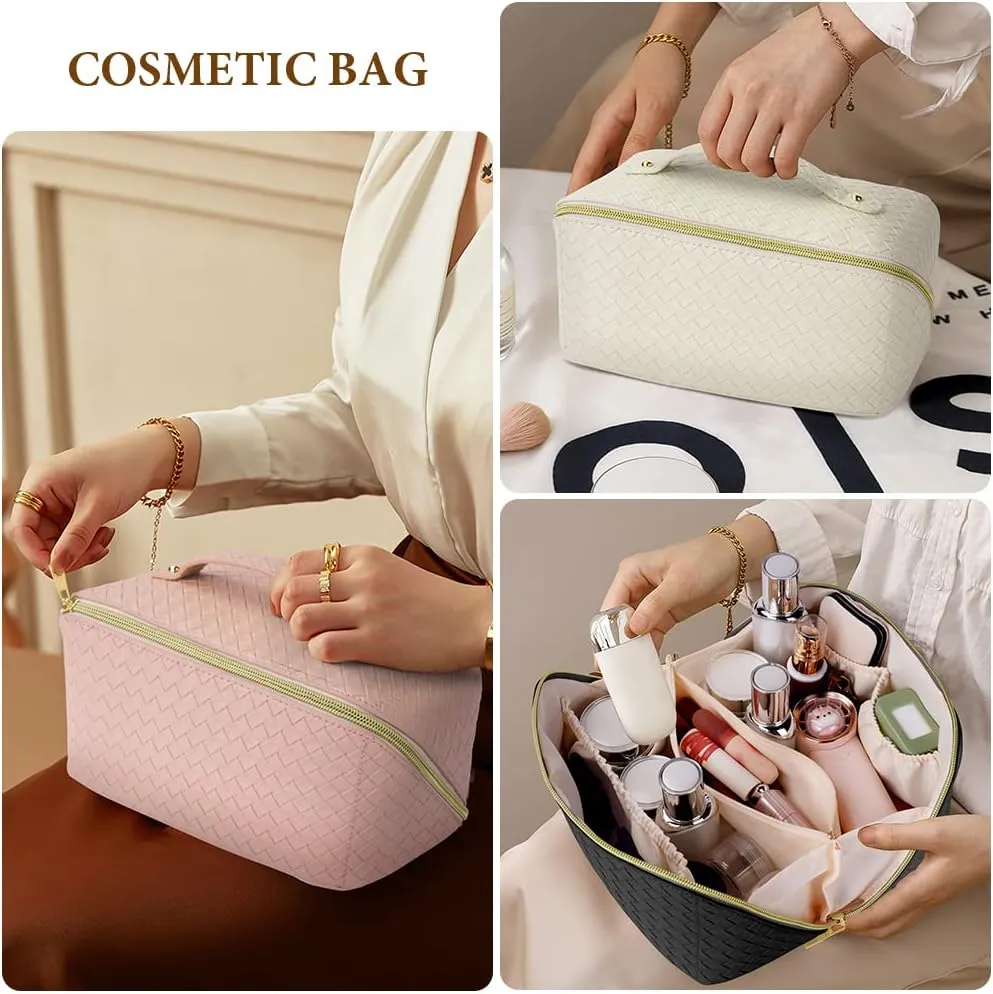 Premium PU Cosmetic Bag Travel Bag, Large Capacity Layered Cosmetic Bag Zipper Bag, Portable Travel Organizer Multifunctional Waterproof Bag, Easy to Carry (Woven White)
