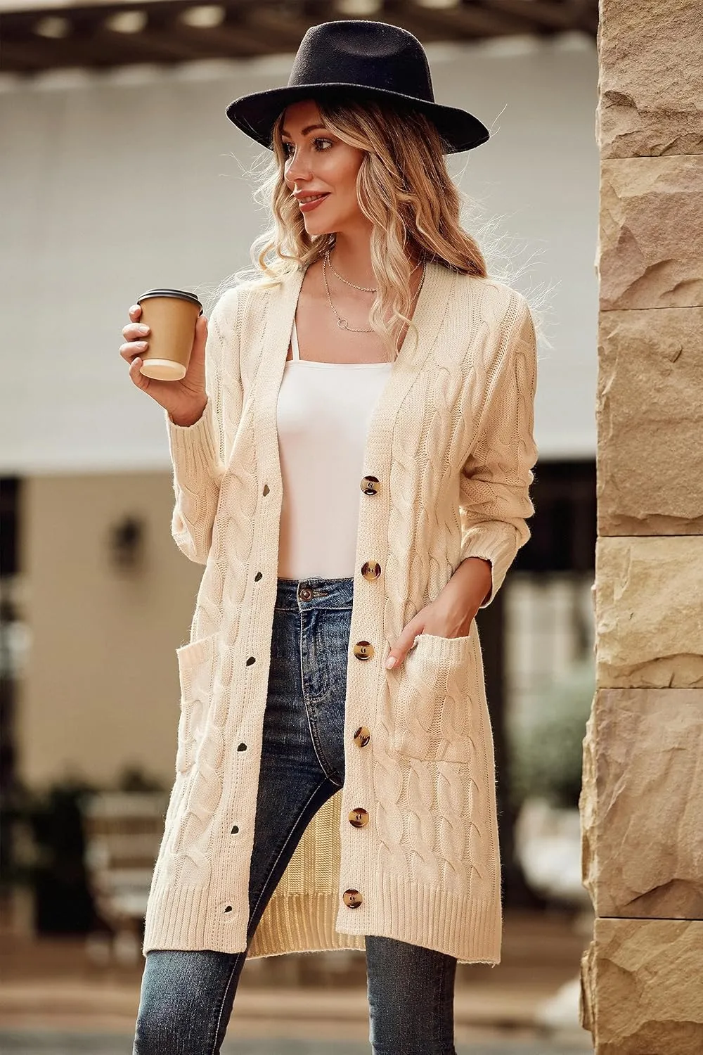 PRETTYGARDEN Long Sleeve Cable Knit Long Cardigan for Women 2025 Fall Winter Chunky Open Front Button Sweaters with Pockets