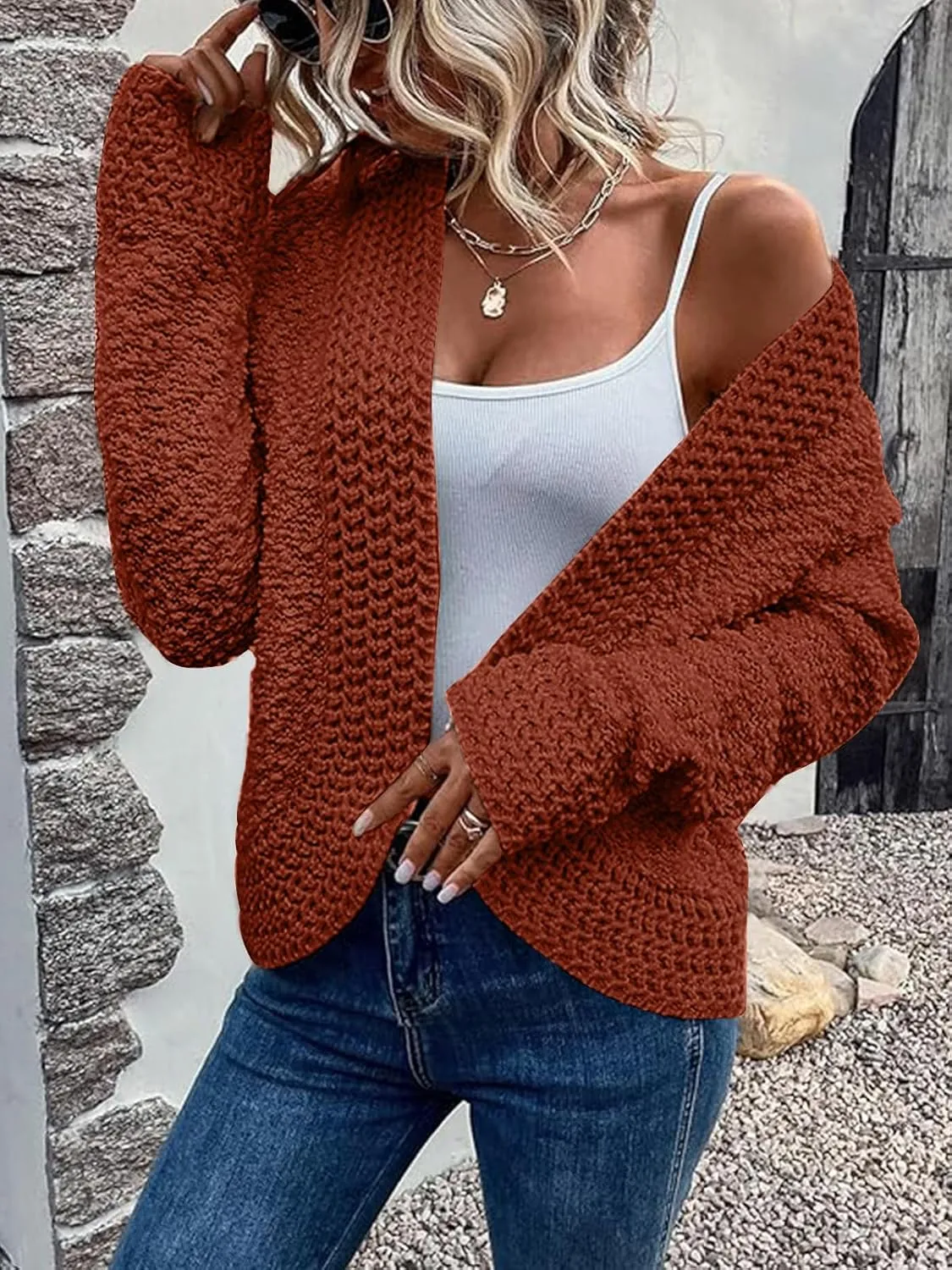 PRETTYGARDEN Open Front Fall Lightweight Cardigan Sweaters for Women Trendy 2025 Popcorn Knit Cardigans Cute Sweater