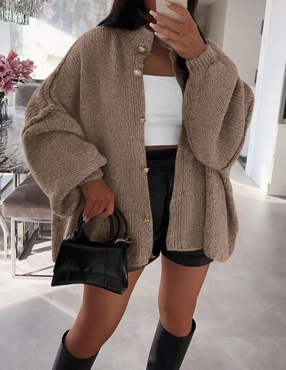 PRETTYGARDEN Women's Winter Button Down Cardigan Sweaters Mock Neck Lantern Long Sleeve Chunky Knit Jacket Trendy Outerwear