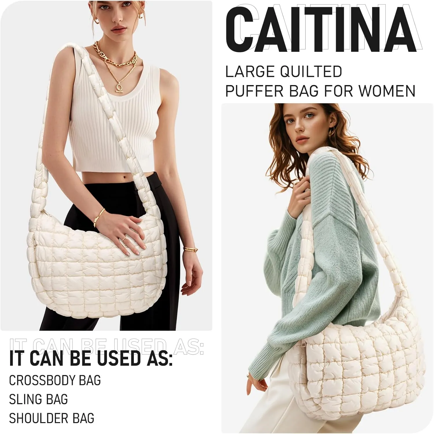 Puffer Bag for Women,Large Lightweight Quilted Tote Bag for Women Puffy Hobo Crossbody Handbags with Padding,Zip Pockets