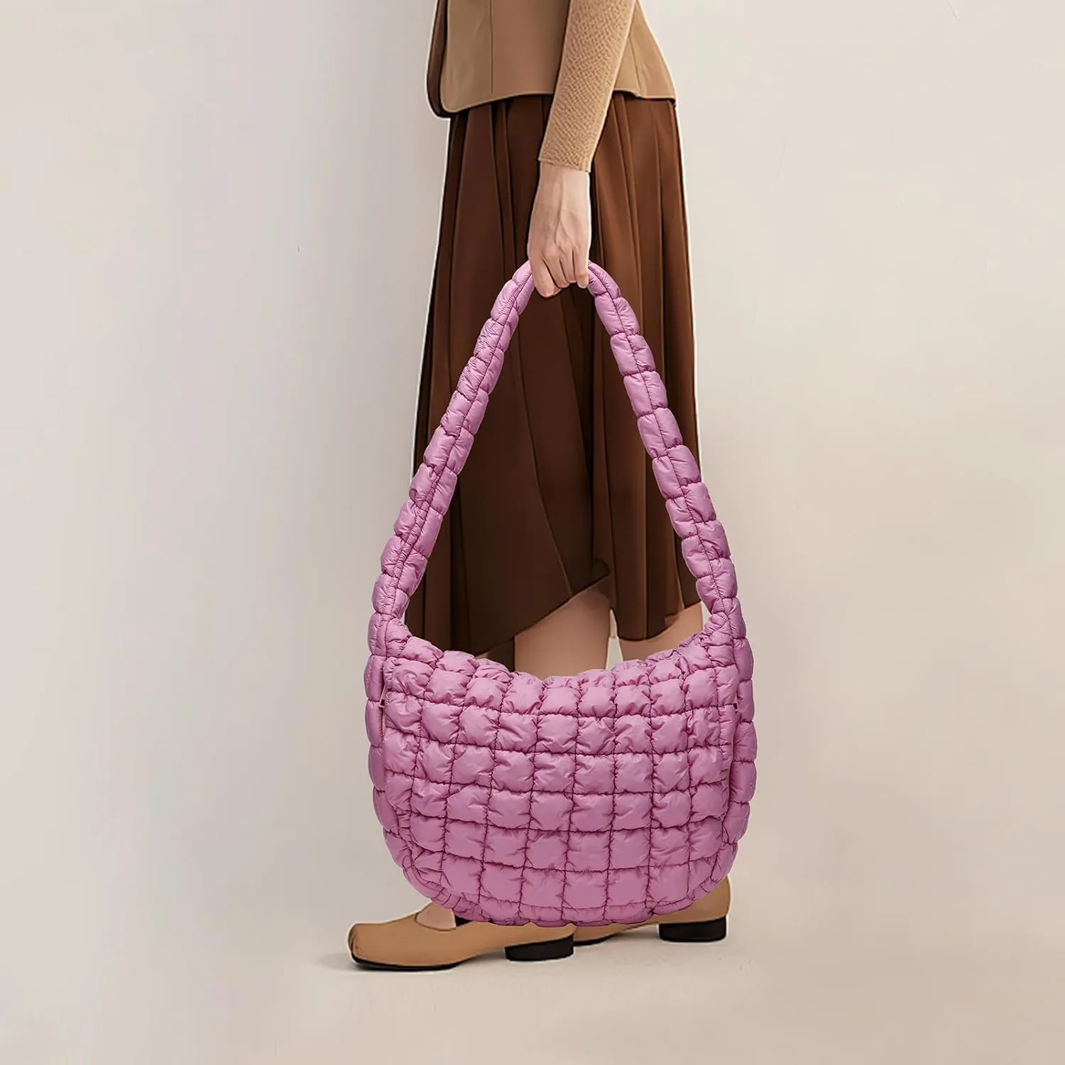 Puffer Bag for Women,Large Lightweight Quilted Tote Bag for Women Puffy Hobo Crossbody Handbags with Padding,Zip Pockets