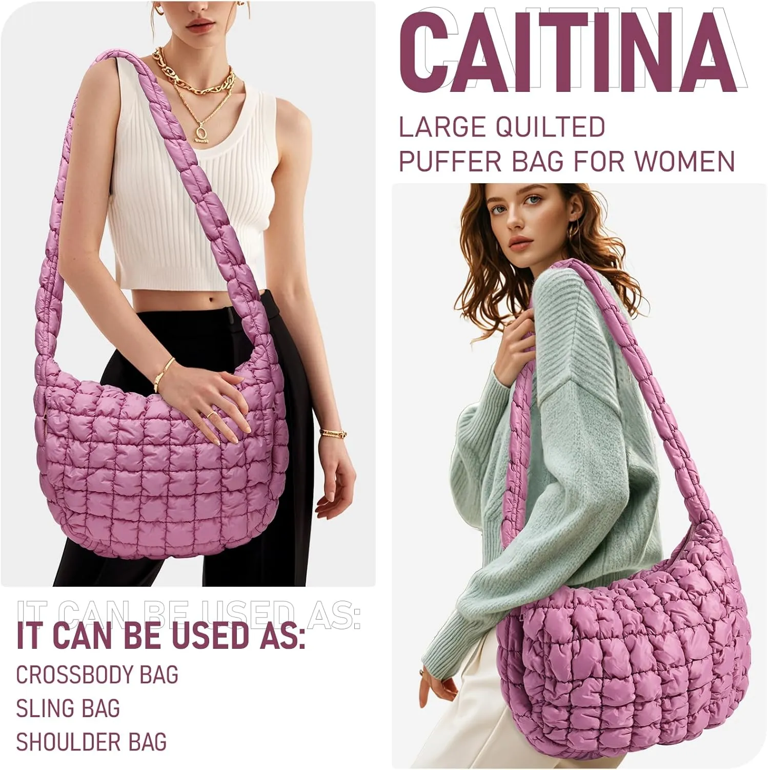 Puffer Bag for Women,Large Lightweight Quilted Tote Bag for Women Puffy Hobo Crossbody Handbags with Padding,Zip Pockets