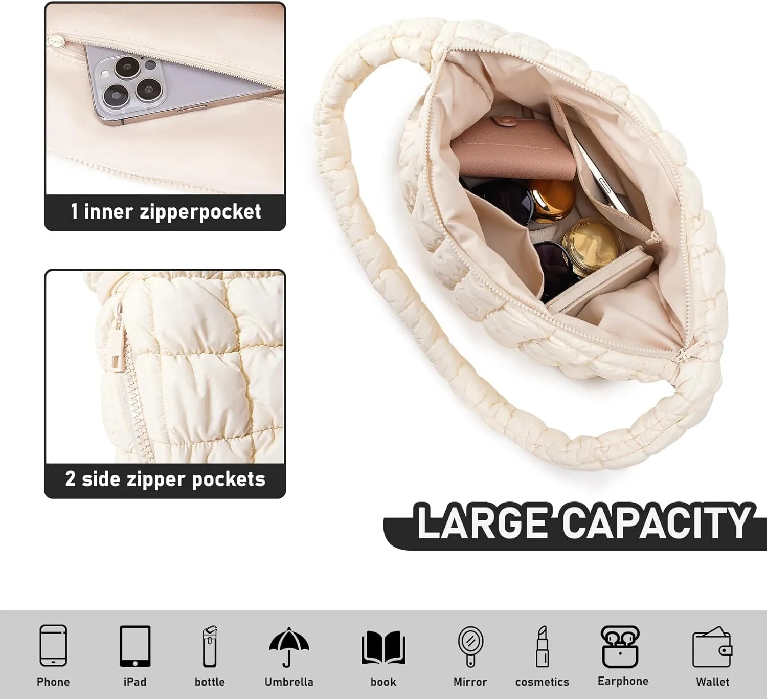 Puffer Bag for Women,Large Lightweight Quilted Tote Bag for Women Puffy Hobo Crossbody Handbags with Padding,Zip Pockets