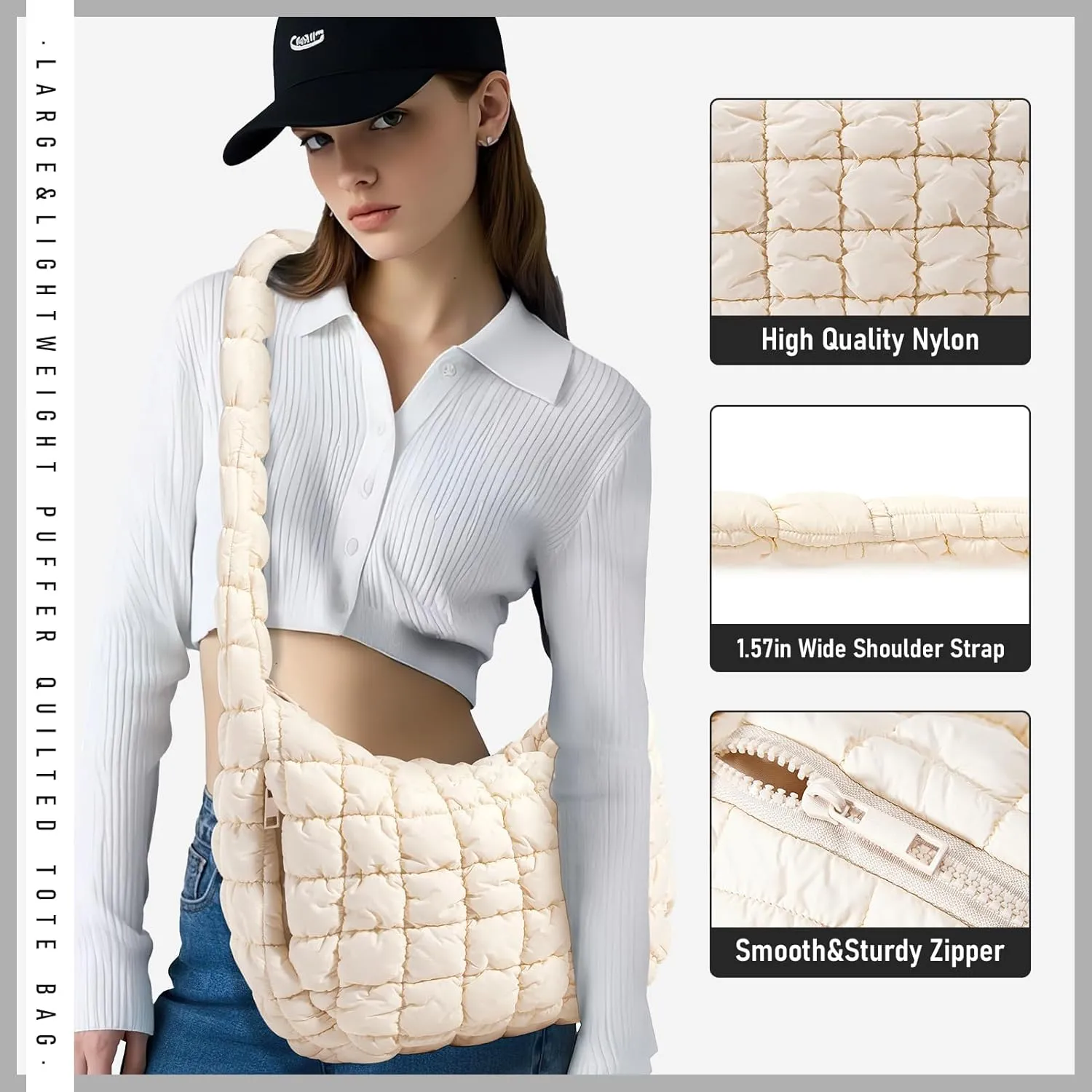 Puffer Bag for Women,Large Lightweight Quilted Tote Bag for Women Puffy Hobo Crossbody Handbags with Padding,Zip Pockets