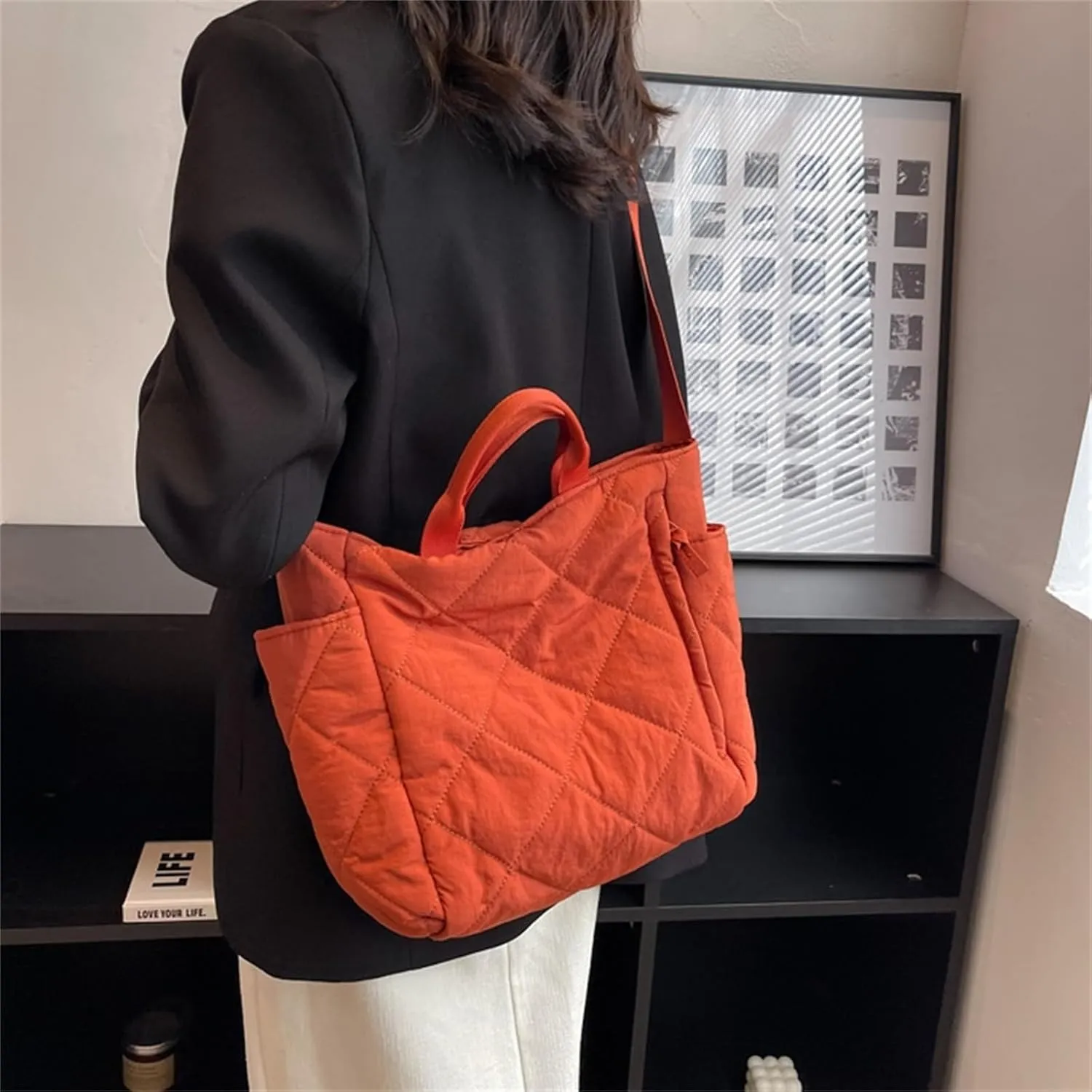 Puffer Tote Bag Women Quilted Shoulder Crossbody Handbag Lattice Nylon Padded Cotton Puffy Purse Casual Satchel