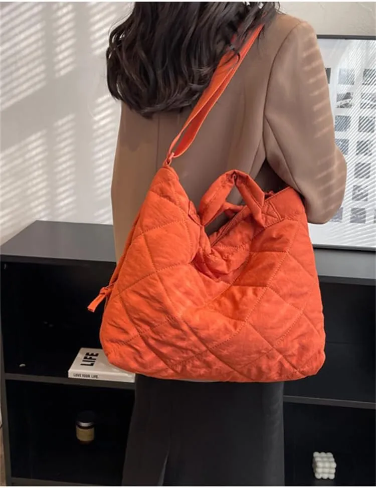 Puffer Tote Bag Women Quilted Shoulder Crossbody Handbag Lattice Nylon Padded Cotton Puffy Purse Casual Satchel
