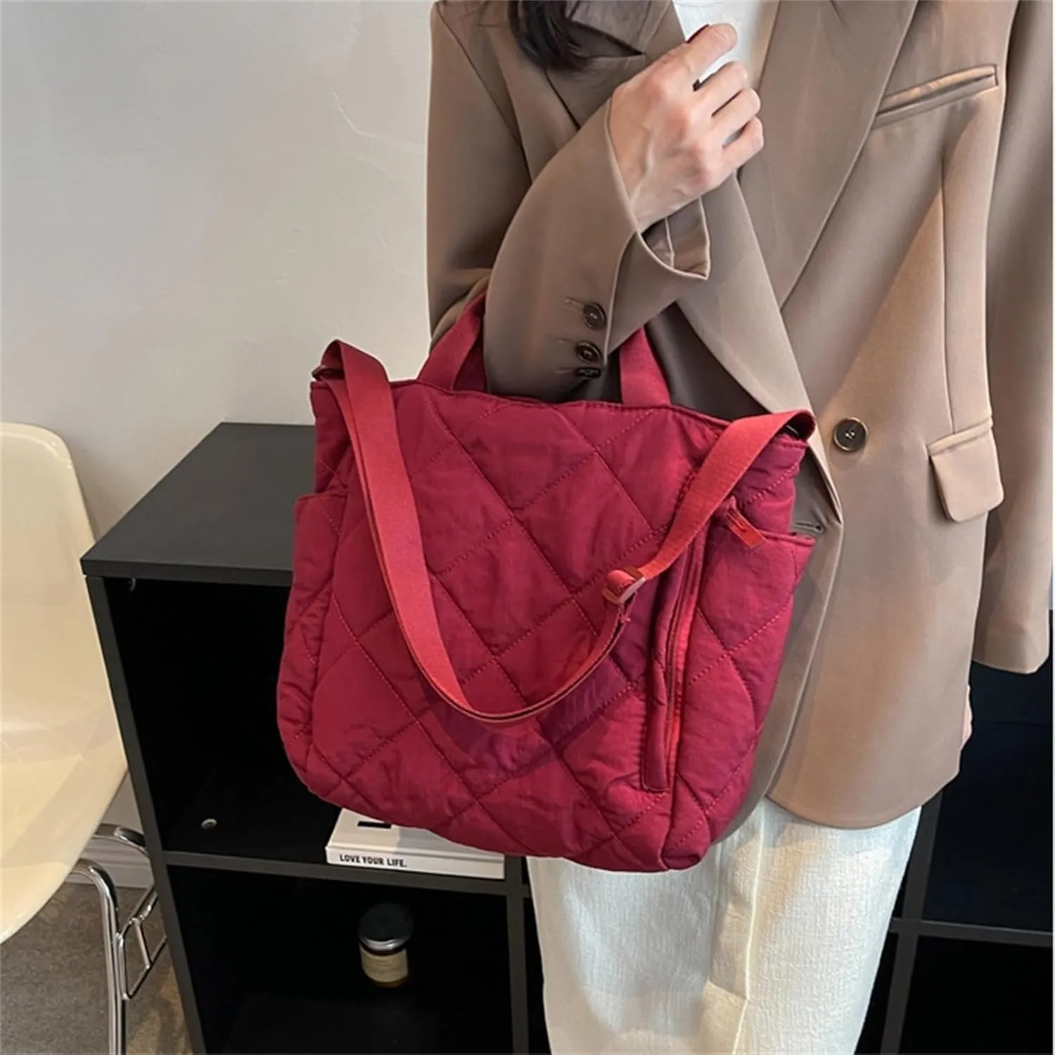 Puffer Tote Bag Women Quilted Shoulder Crossbody Handbag Lattice Nylon Padded Cotton Puffy Purse Casual Satchel