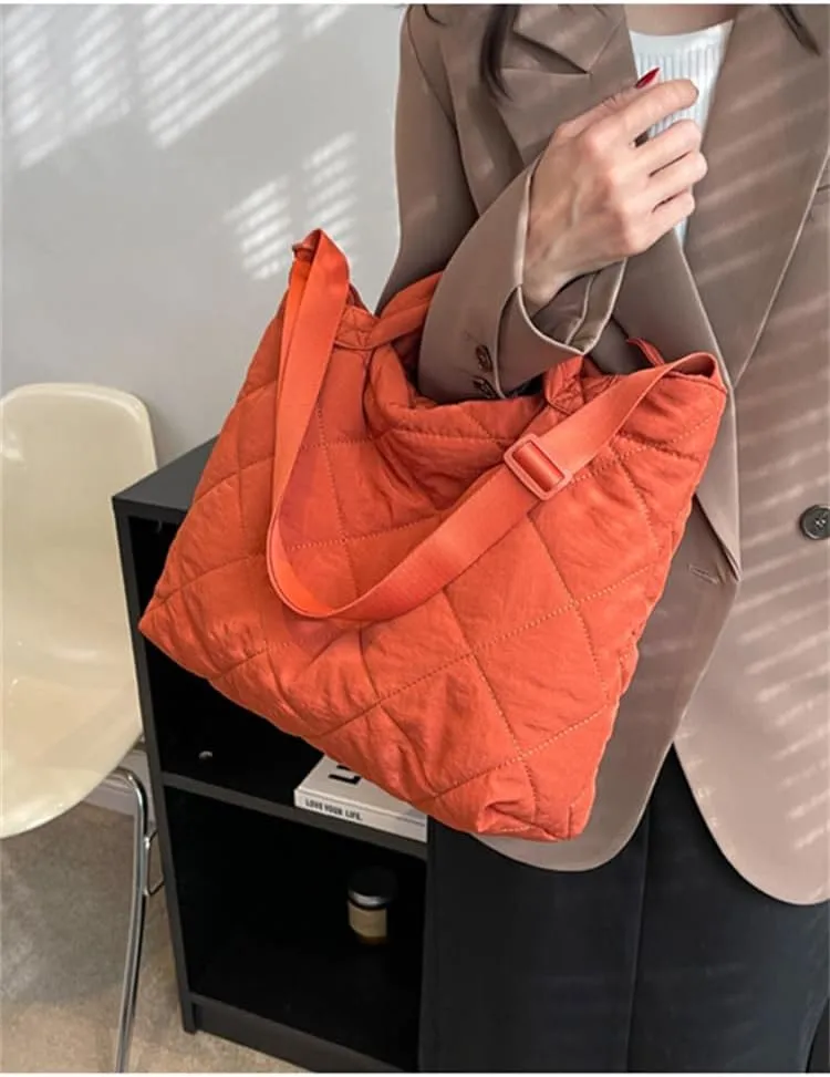 Puffer Tote Bag Women Quilted Shoulder Crossbody Handbag Lattice Nylon Padded Cotton Puffy Purse Casual Satchel