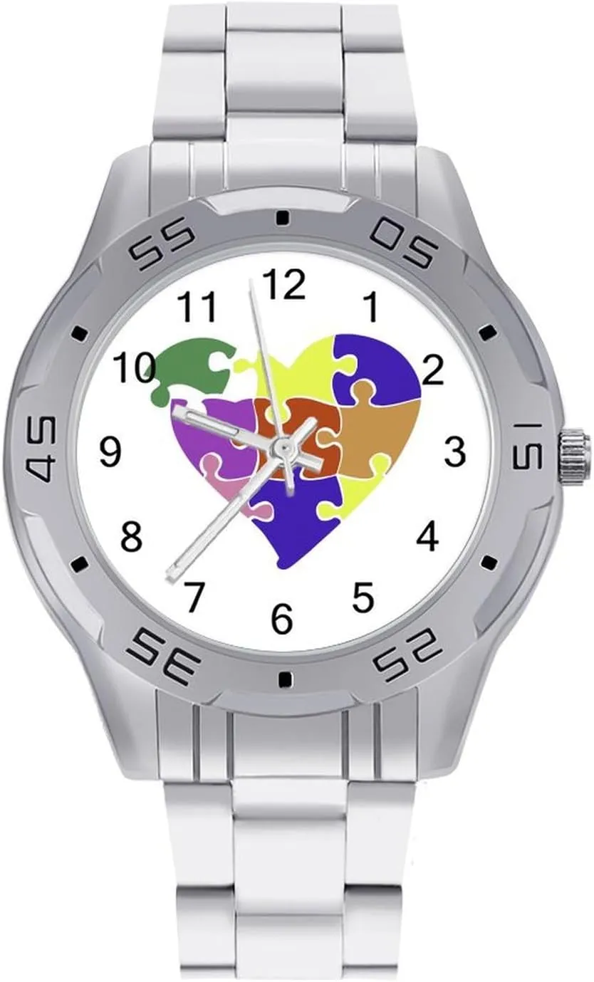 Puzzle Heart Stainless Steel Metal Strap Simple Business Watches for Men Easy Reader Work Casual Watch