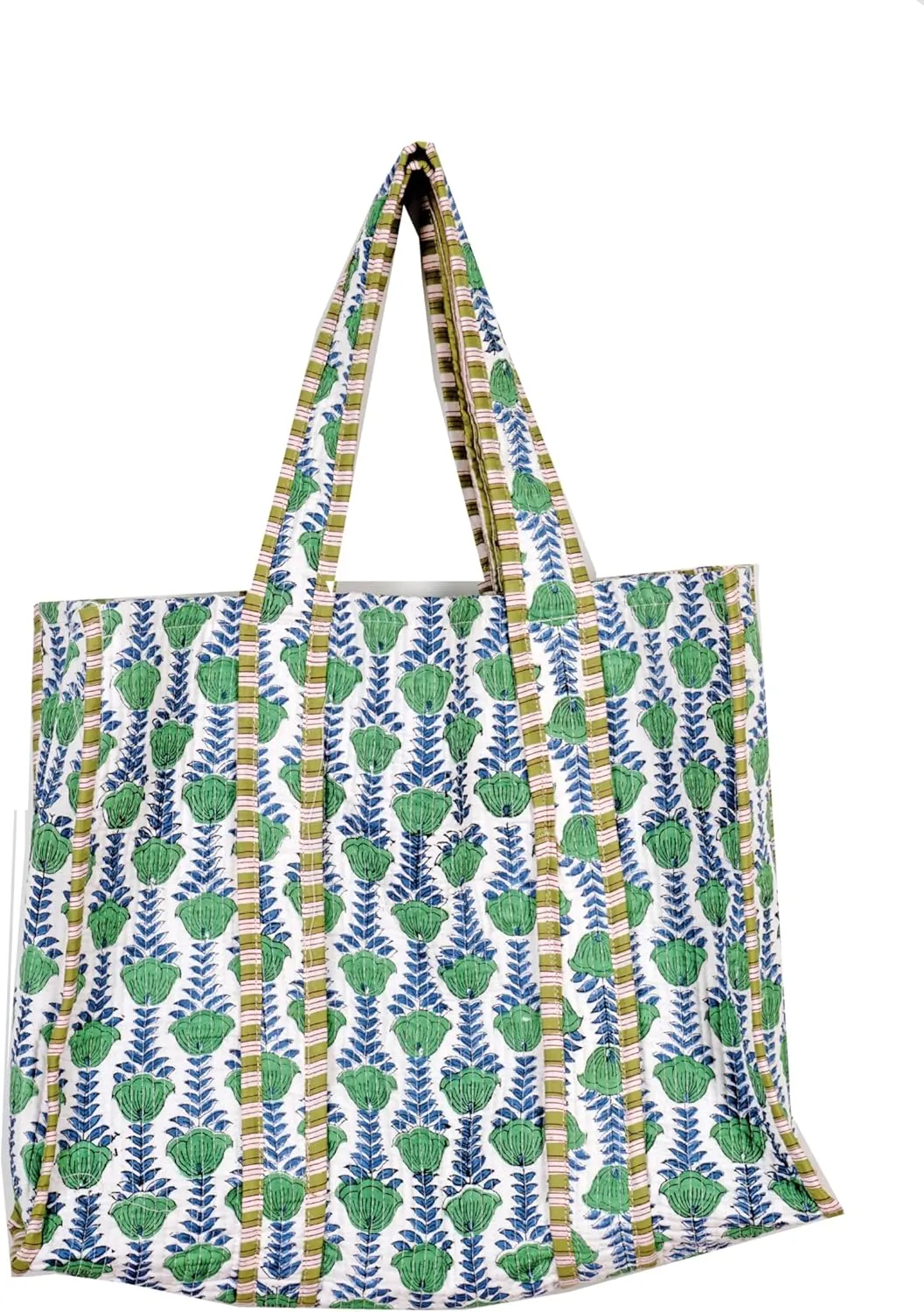Quilted Cotton Handprinted Reversible Large multicolor Floral Tote Bag