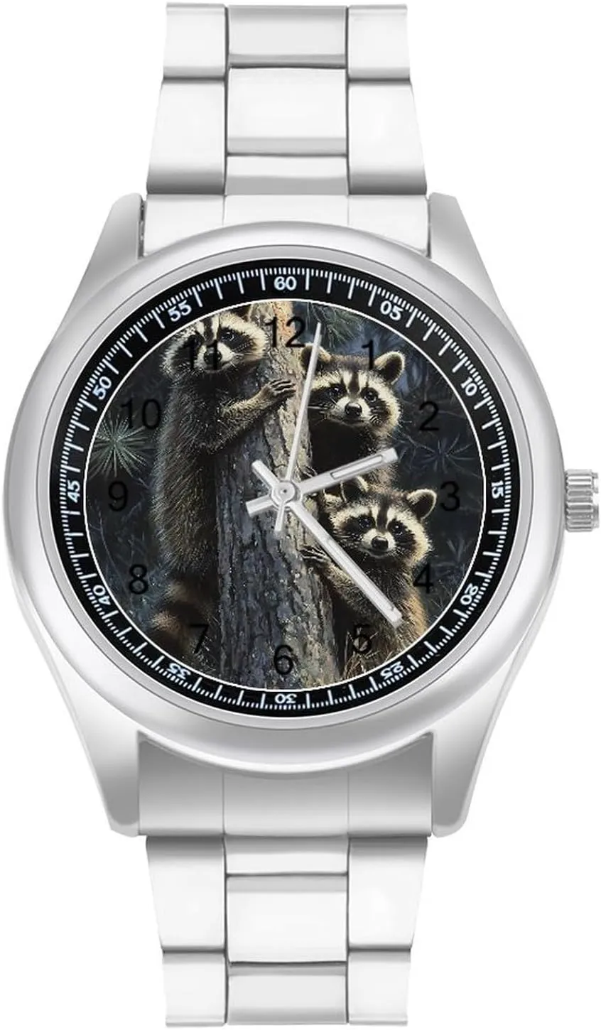 Raccoons Hugging A Tree Trunk Stainless Steel Strap Simple Business Watches for Men Easy Reader Work Casual Watch