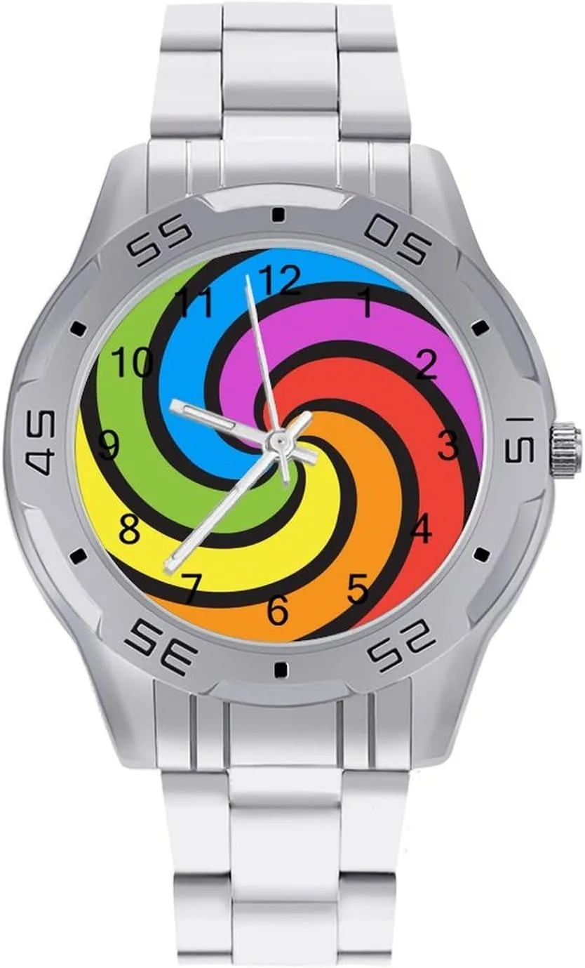 Rainbow Swirl Stainless Steel Metal Strap Simple Business Watches for Men Easy Reader Work Casual Watch