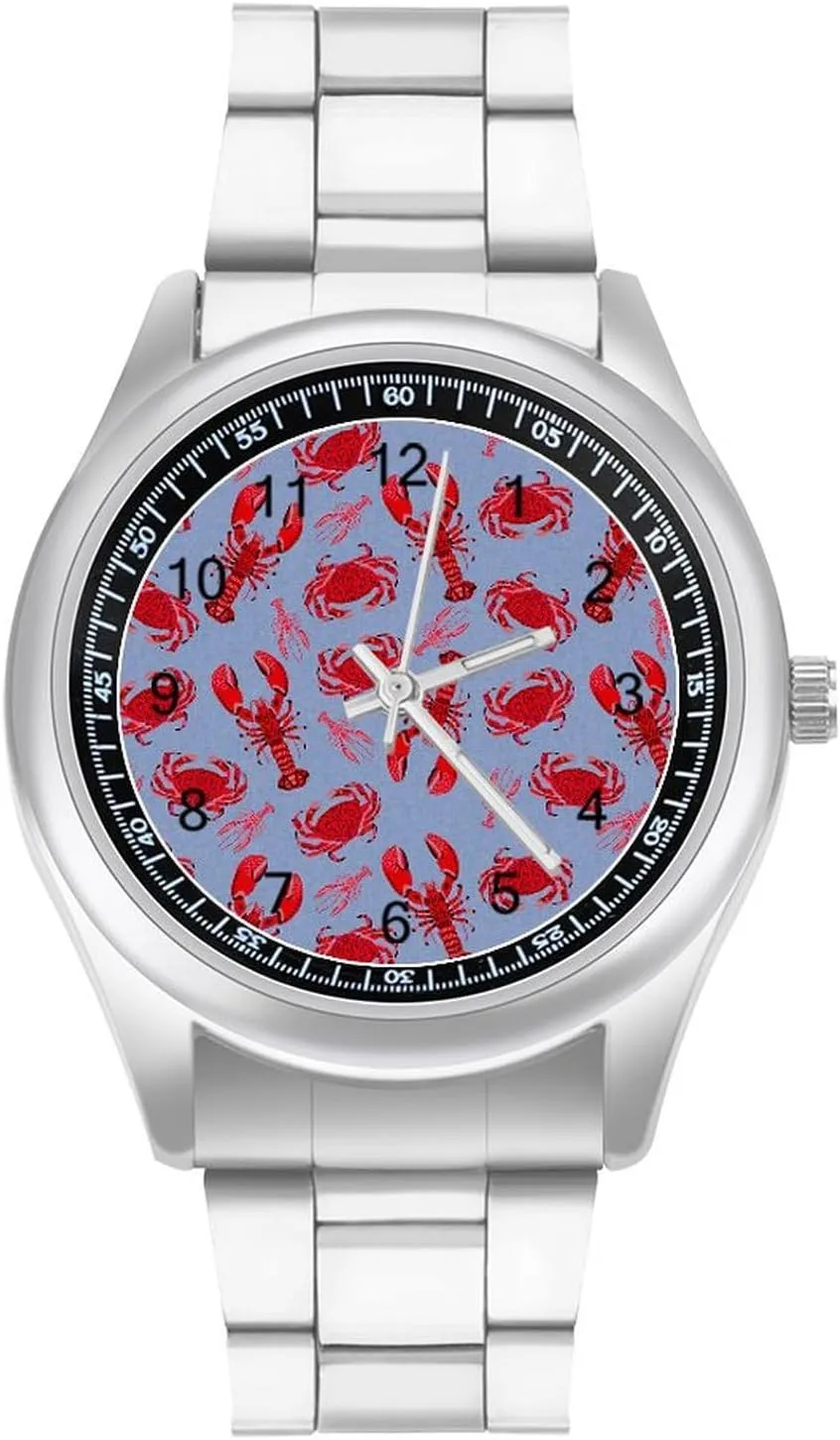 Red Lobster Crab Pattern Stainless Steel Strap Simple Business Watches for Men Easy Reader Work Casual Watch