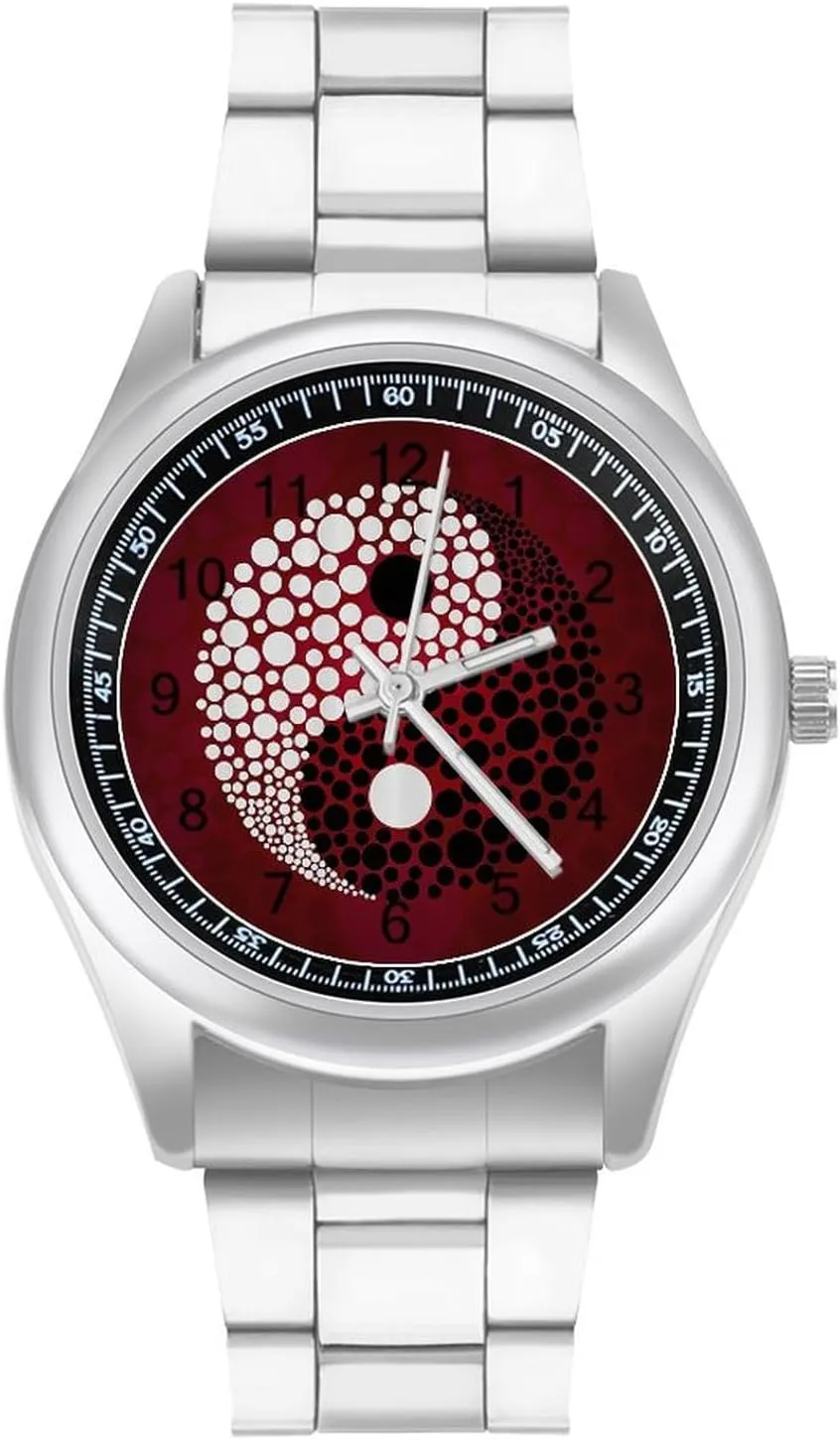 Red Wave Point Tai Chi Stainless Steel Strap Simple Business Watches for Men Easy Reader Work Casual Watch