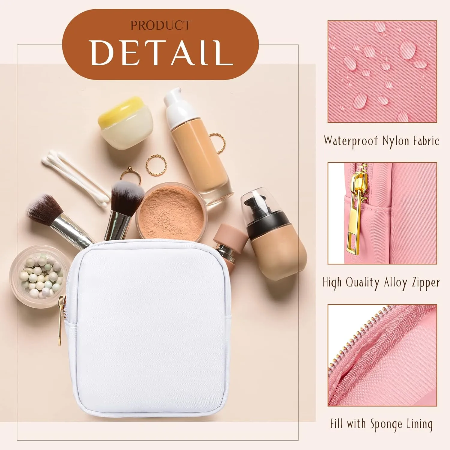 Remerry 6 Pcs Nylon Cosmetic Bag Travel Make up Pouch Toiletry with Zipper Preppy Makeup Bag Waterproof Organizer Case Set for Women Girls(4.7 x 5.1 x 2 Inches,Pink, Brown)