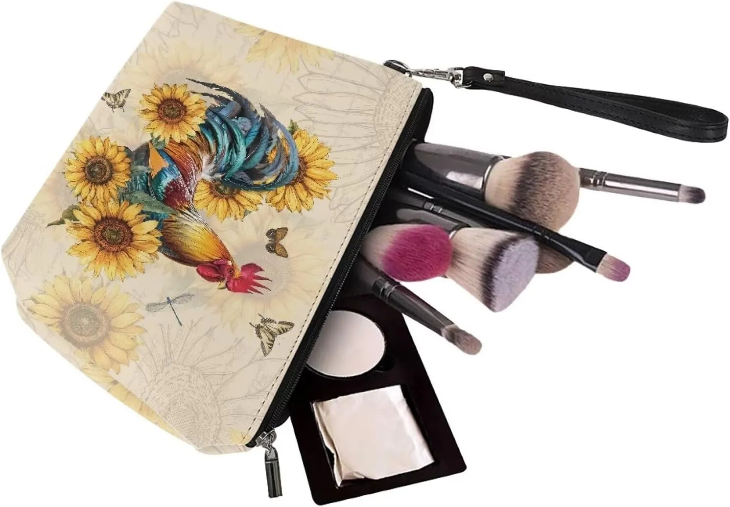 Retro Rooster Sunflowers Women Cosmetic Bag Travel Makeup Organizer Pouch for Girls Toiletry Case Easy to Carry Purse Handbag Coins Wallet with Wrist Strap