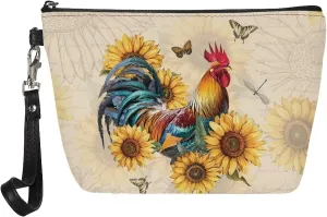 Retro Rooster Sunflowers Women Cosmetic Bag Travel Makeup Organizer Pouch for Girls Toiletry Case Easy to Carry Purse Handbag Coins Wallet with Wrist Strap