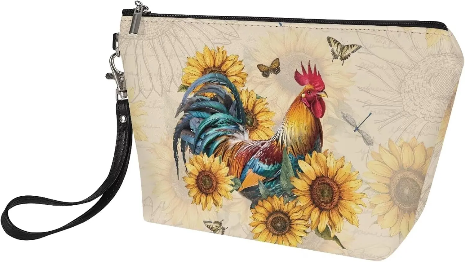 Retro Rooster Sunflowers Women Cosmetic Bag Travel Makeup Organizer Pouch for Girls Toiletry Case Easy to Carry Purse Handbag Coins Wallet with Wrist Strap