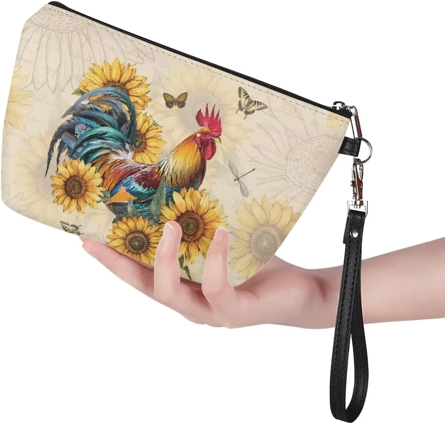 Retro Rooster Sunflowers Women Cosmetic Bag Travel Makeup Organizer Pouch for Girls Toiletry Case Easy to Carry Purse Handbag Coins Wallet with Wrist Strap