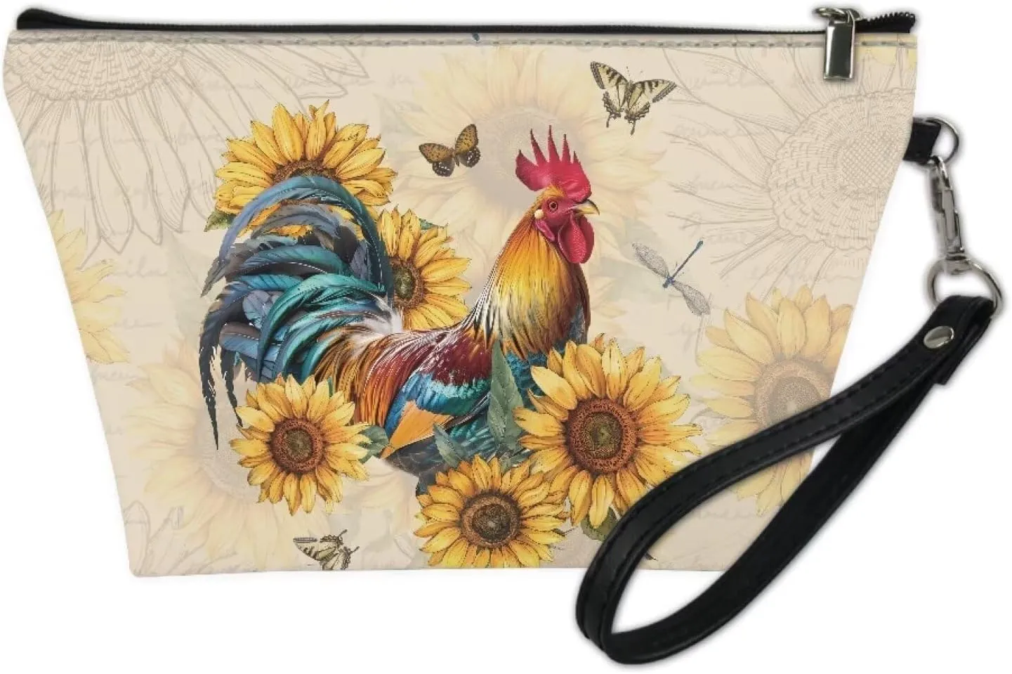 Retro Rooster Sunflowers Women Cosmetic Bag Travel Makeup Organizer Pouch for Girls Toiletry Case Easy to Carry Purse Handbag Coins Wallet with Wrist Strap