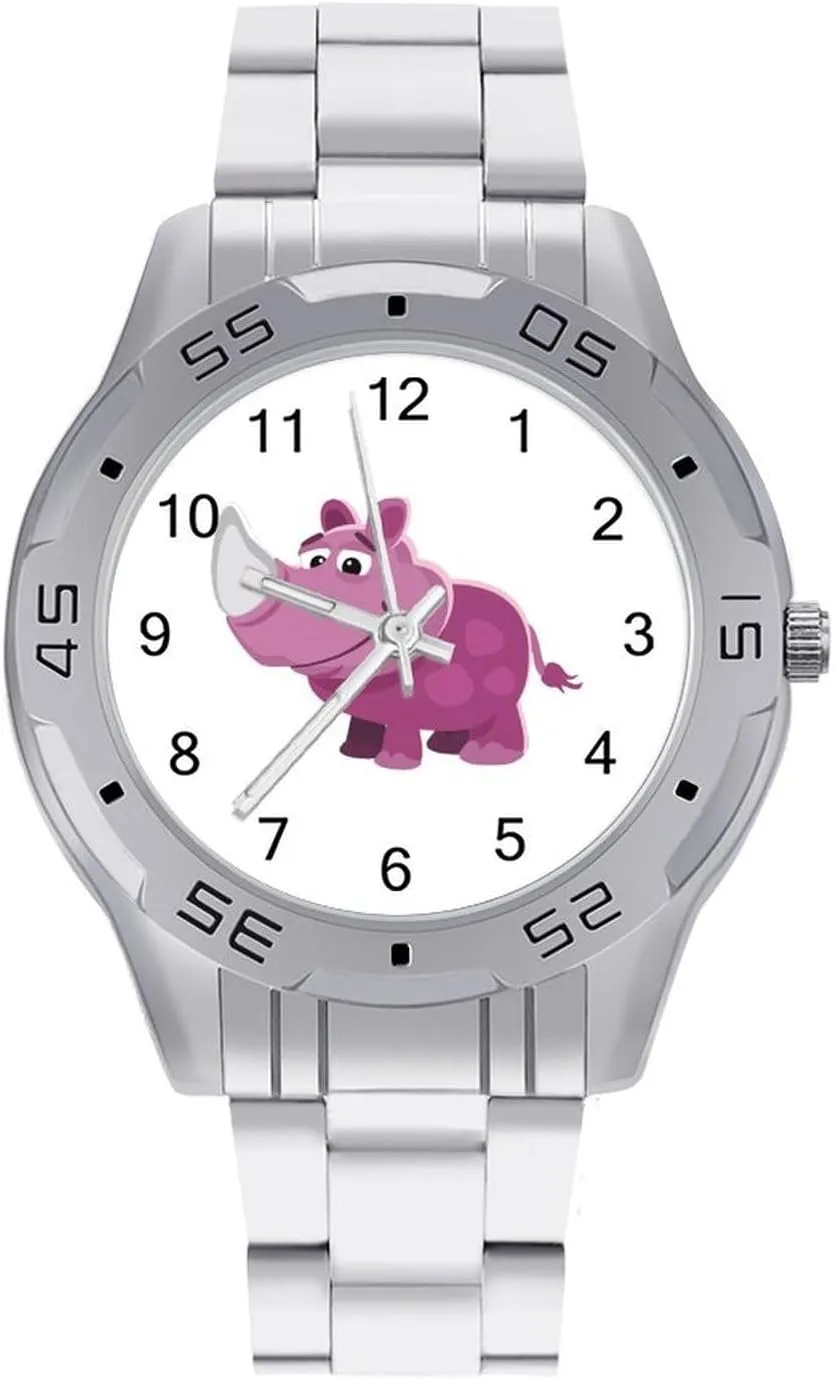 Rhino Funny Cartoon Stainless Steel Metal Strap Simple Business Watches for Men Easy Reader Work Casual Watch