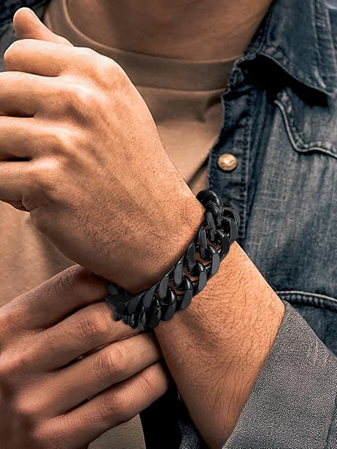 Richsteel Father's Day Bracelets for Men Cuban Link Chain Bracelets 8/12/17mm Width Stainless Steel Chain Wrist Bracelets, 7.4/8.2/9 Inch Length Classic Jewelry for Christmas/Valentine's Day/Birthday