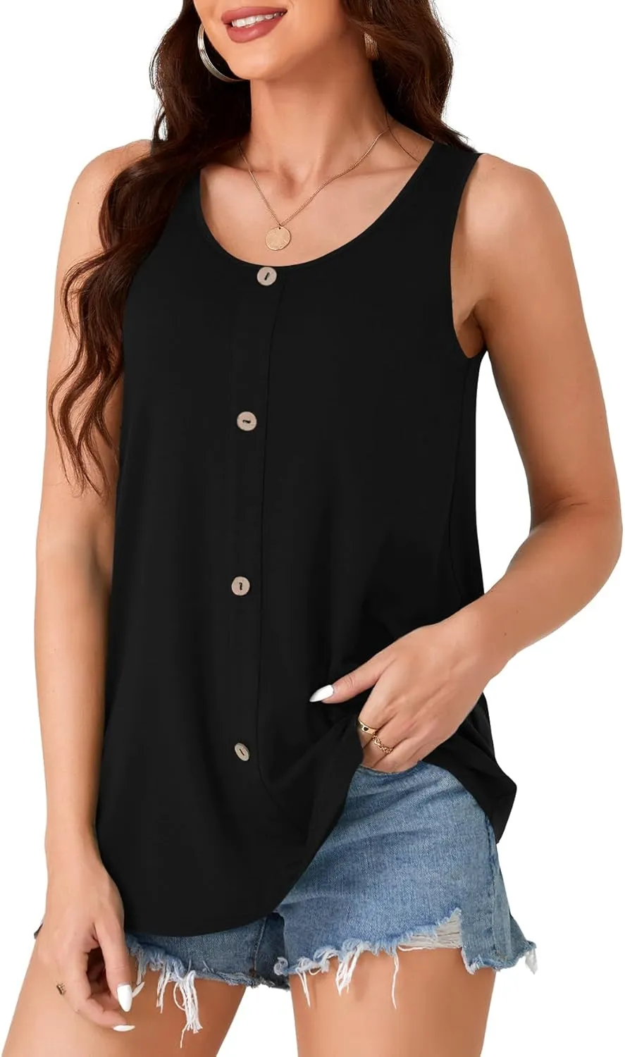 Rooscier Women's Button Down Tank Tops Scoop Neck Sleeveless Loose Casual Cami T Shirts