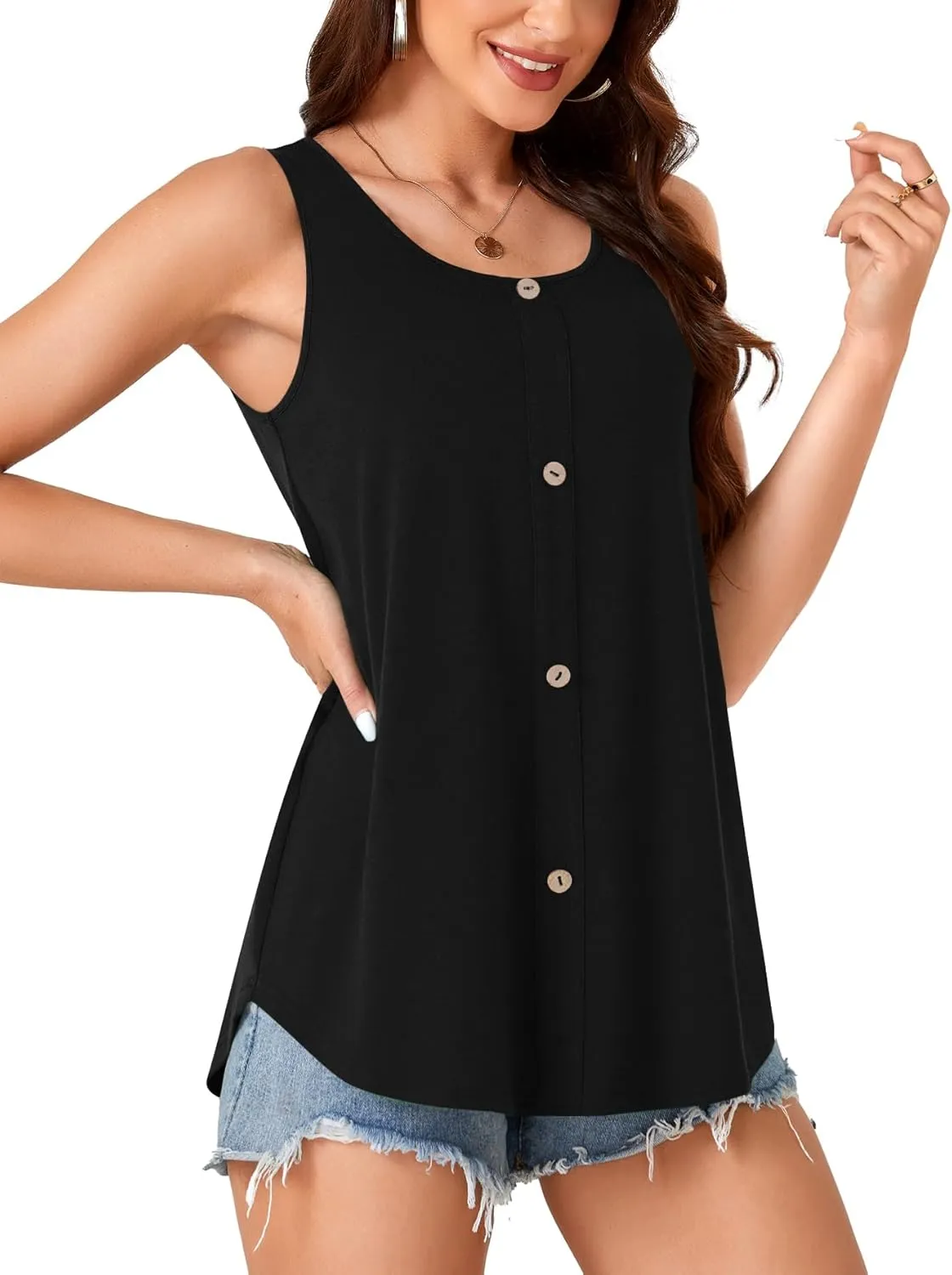 Rooscier Women's Button Down Tank Tops Scoop Neck Sleeveless Loose Casual Cami T Shirts