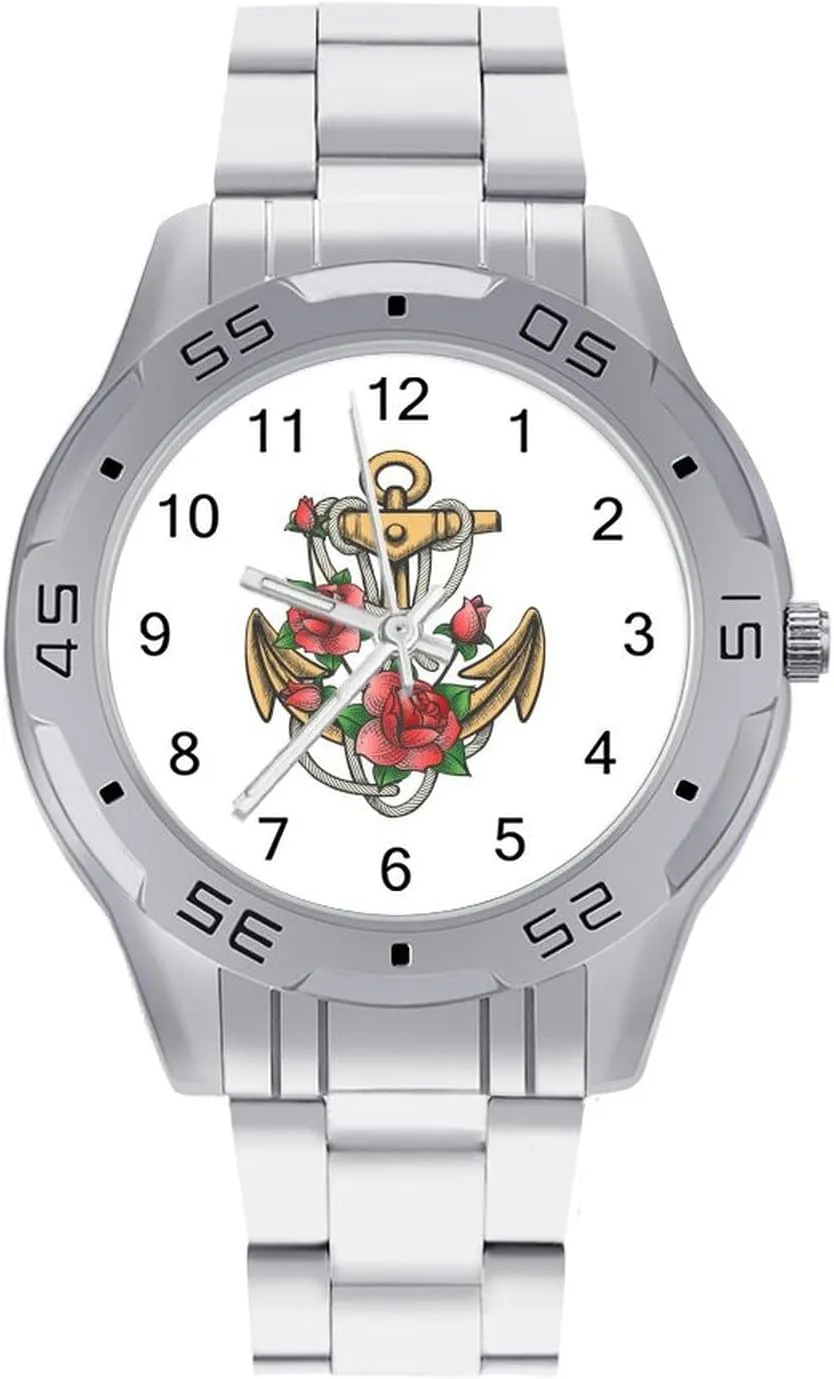 Rose Flowers Stainless Steel Metal Strap Simple Business Watches for Men Easy Reader Work Casual Watch