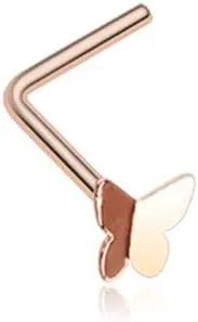 Rose Gold Dainty Butterfly Icon L-Shaped Nose Ring