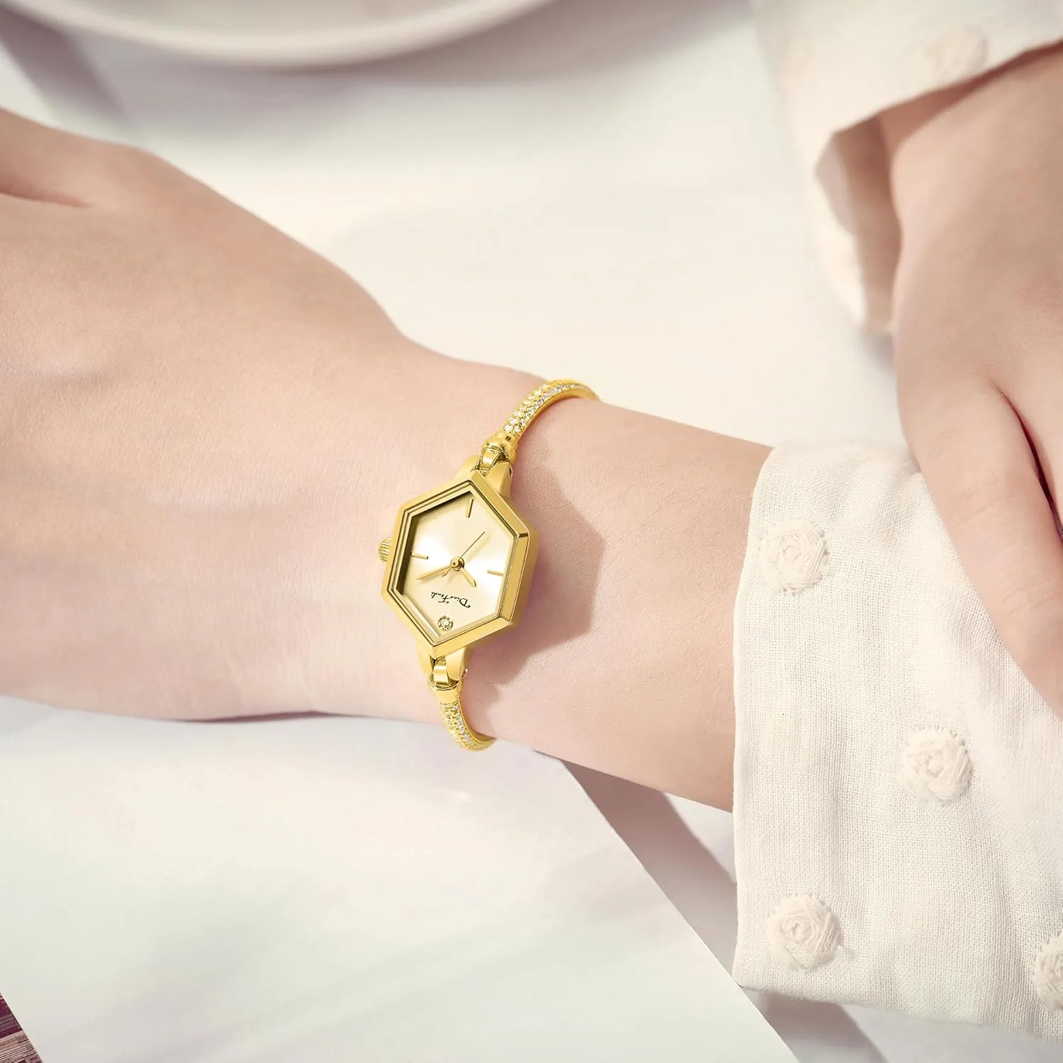 Rose Gold Petite Bracelet Watch for Women, Diamond Dress Analog Hexagonal Mini Women Watch Waterproof