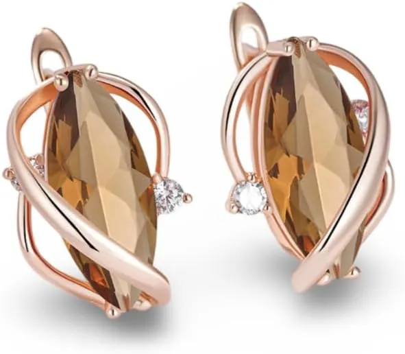 Rose Gold Plated Copper Swirl Stud Earrings for Women, Brown Marquise Cut CZ with Clear Accents