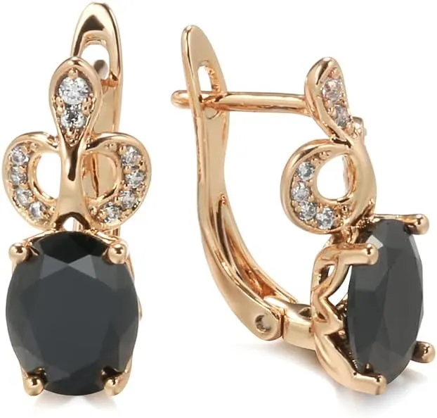 Rose Gold Plated Dangle Earrings with Oval Black Stone and Zircon Accents