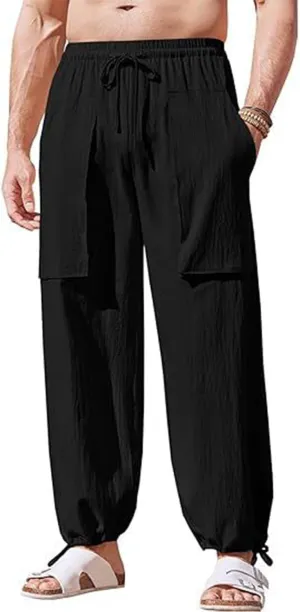 RTTUIOP Linen Pants Men Casual Beach Baggy Relaxed Fit Trousers Lightweight Elastic Waist Summer Pants with Pockets