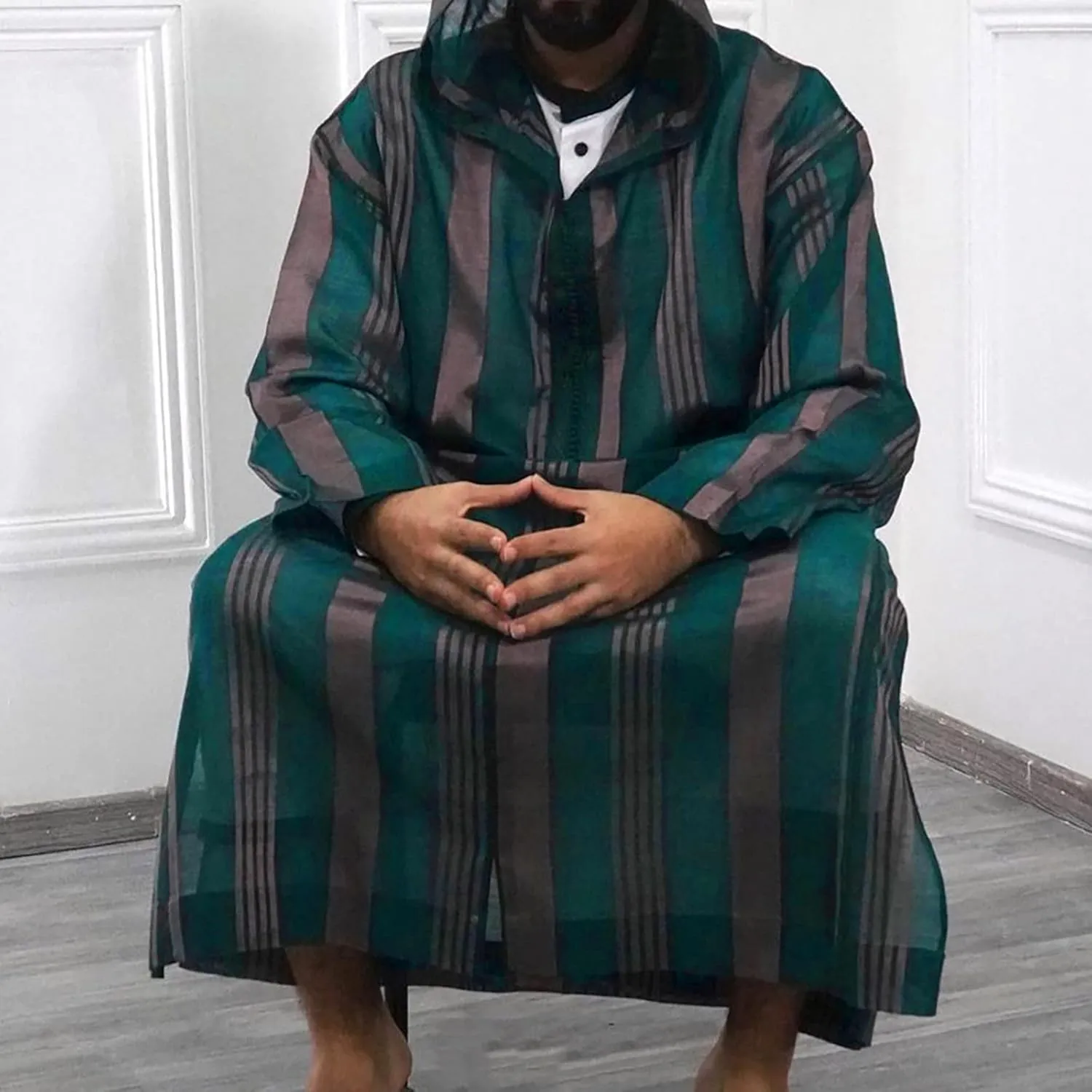 RTTUIOP Thobe For Men Muslim Dress Islamic Eid Clothes Nightgown Saudi Arabic Ethnic Long Sleeve Robe Cool Striped Robe