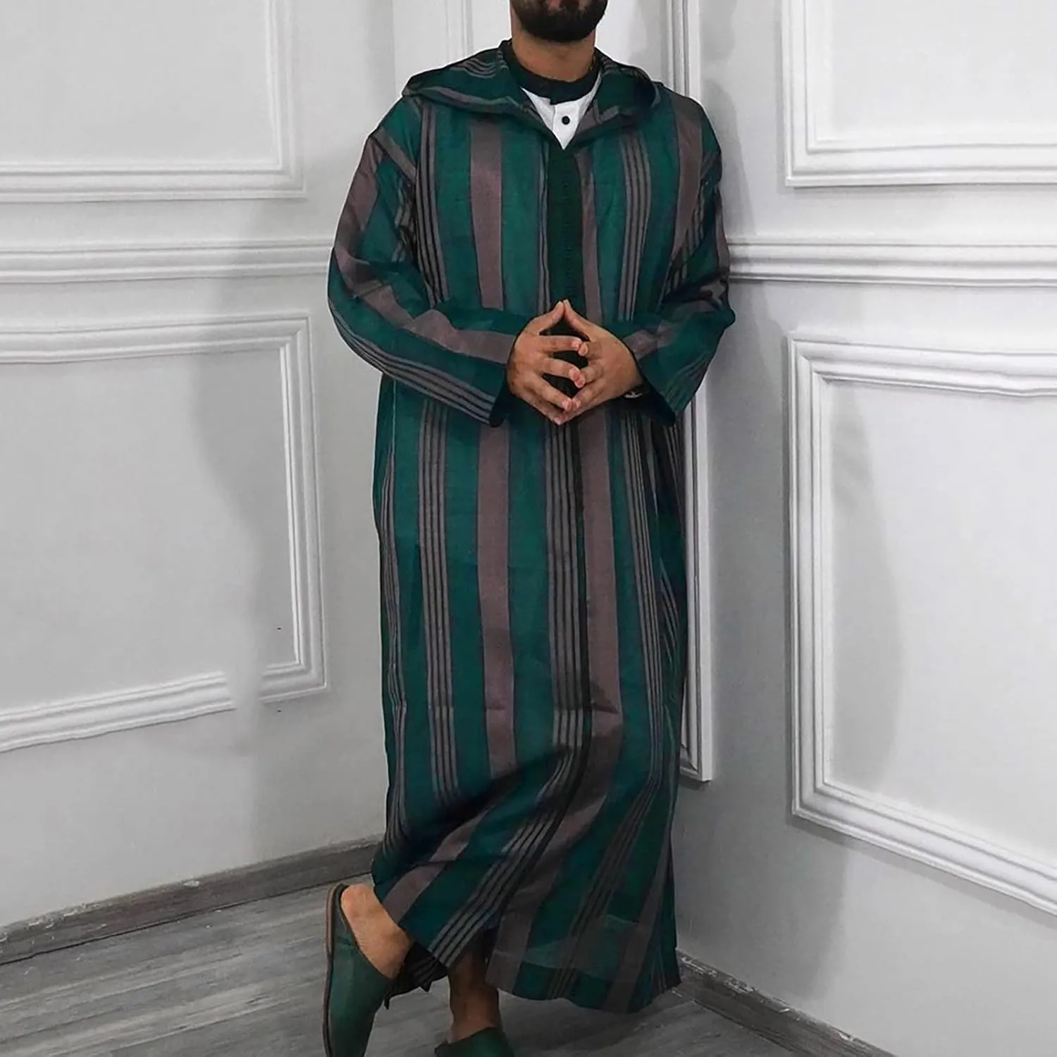 RTTUIOP Thobe For Men Muslim Dress Islamic Eid Clothes Nightgown Saudi Arabic Ethnic Long Sleeve Robe Cool Striped Robe