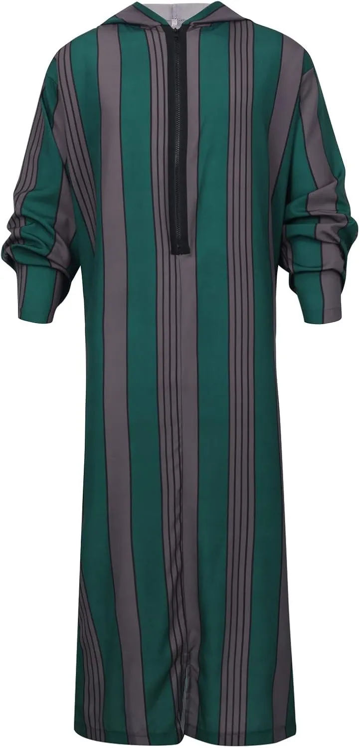 RTTUIOP Thobe For Men Muslim Dress Islamic Eid Clothes Nightgown Saudi Arabic Ethnic Long Sleeve Robe Cool Striped Robe