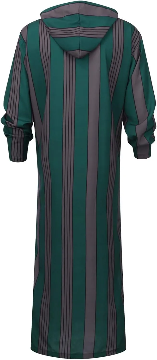 RTTUIOP Thobe For Men Muslim Dress Islamic Eid Clothes Nightgown Saudi Arabic Ethnic Long Sleeve Robe Cool Striped Robe