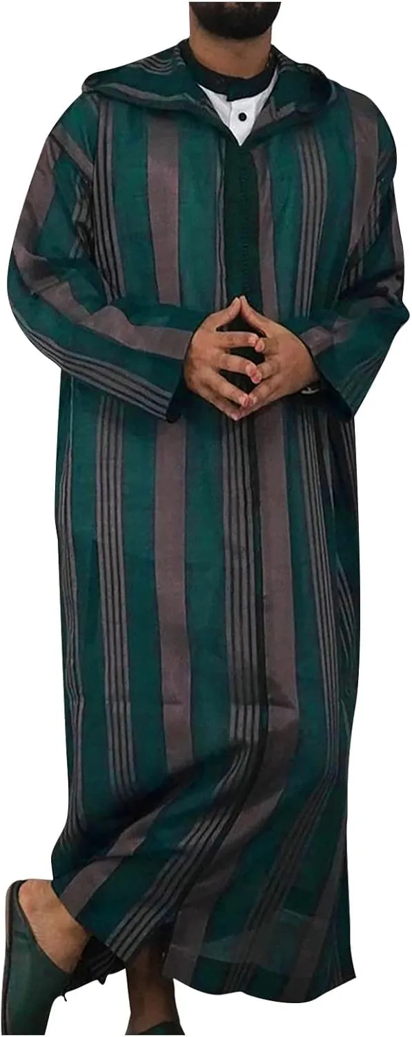 RTTUIOP Thobe For Men Muslim Dress Islamic Eid Clothes Nightgown Saudi Arabic Ethnic Long Sleeve Robe Cool Striped Robe
