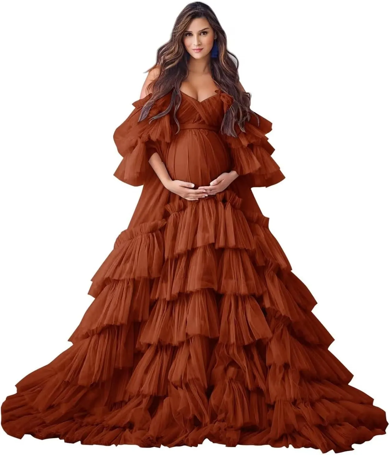 Ruffles Puffy Tulle Maternity Dresses for Photoshoot Off Shoulder Bridal Lingerie Baby Shower Pregnancy Robe
