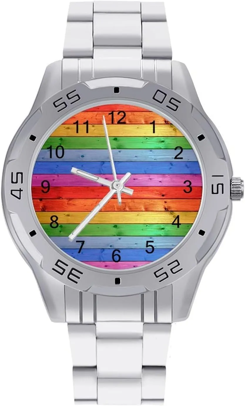 Rustic Old Barn Wood Rainbow Stainless Steel Metal Strap Simple Business Watches for Men Easy Reader Work Casual Watch