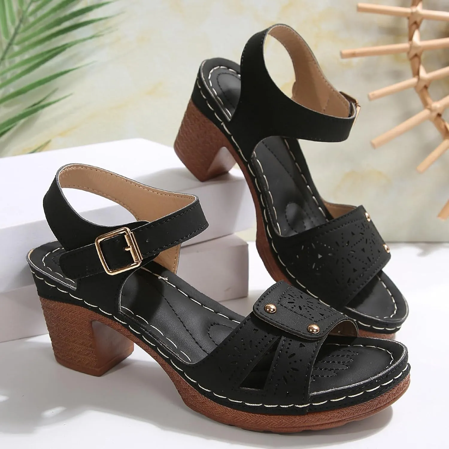 Sandals Women Comfortable Open Toe Sandals with Low Wedges Summer Ankle Strap Open Toe Comfortable Walking Shoes Ladies Casual Platform Sandal with Buckle Beach Shoes