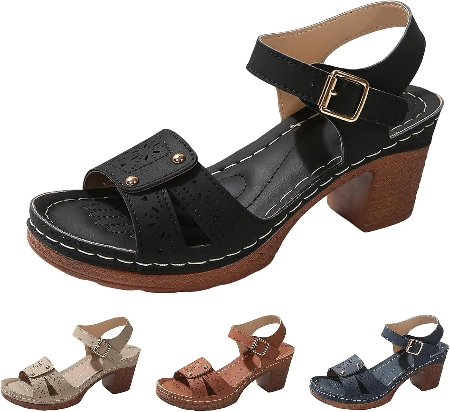 Sandals Women Comfortable Open Toe Sandals with Low Wedges Summer Ankle Strap Open Toe Comfortable Walking Shoes Ladies Casual Platform Sandal with Buckle Beach Shoes