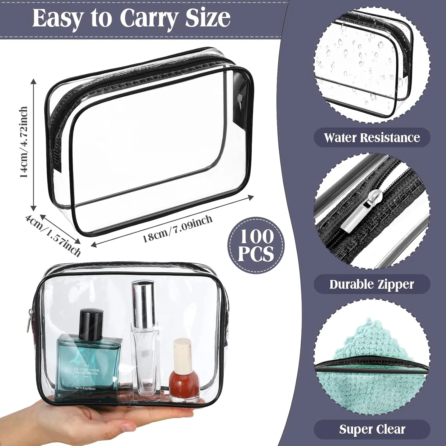Sanwuta 100 Pcs Clear Makeup Bags Bulk Tsa Approved Toiletry Bag for Travel Transparent Cosmetic Bag PVC Waterproof Travel Small Pouches with Zipper for Men and Women(Black)
