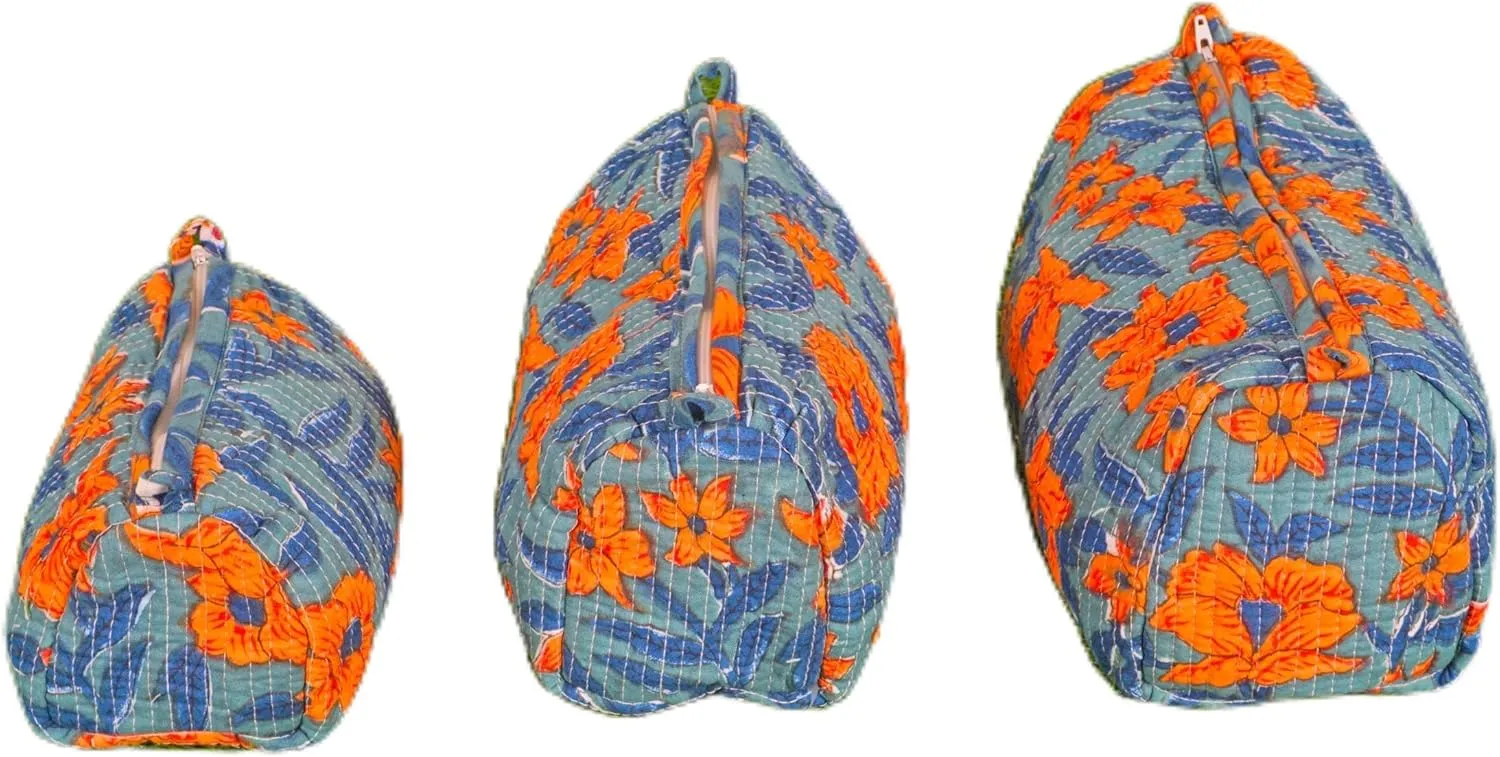 Set of 3 Pieces Indian Handmade Cotton Quilted Handmade Floral Hand Block Print Toiletry Bag,Cosmetic Pouch Bag Makeup Bag For Women (Cotton, Blue A), 44999