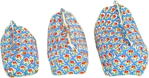 Set of 3 Pieces Indian Handmade Cotton Quilted Handmade Floral Hand Block Print Toiletry Bag,Cosmetic Pouch Bag Makeup Bag For Women (Cotton, Blue B)
