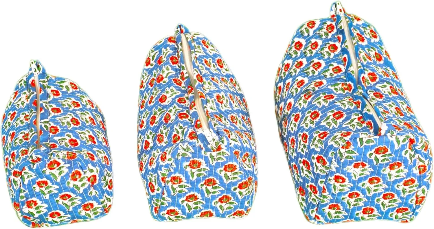 Set of 3 Pieces Indian Handmade Cotton Quilted Handmade Floral Hand Block Print Toiletry Bag,Cosmetic Pouch Bag Makeup Bag For Women (Cotton, Blue B)